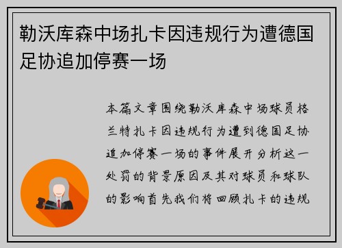 勒沃库森中场扎卡因违规行为遭德国足协追加停赛一场